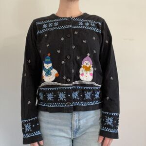 Vtg Michael Simon Lite Cardigan 100% Cotton Embroidered Snowman Sweater Sz L